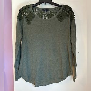 Olive green waffle knit top with lace shoulders